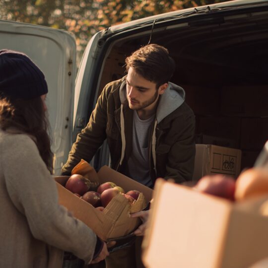 Eine Frau und ein Mann beim Ausladen von Lebensmitteln aus einem Transporter.