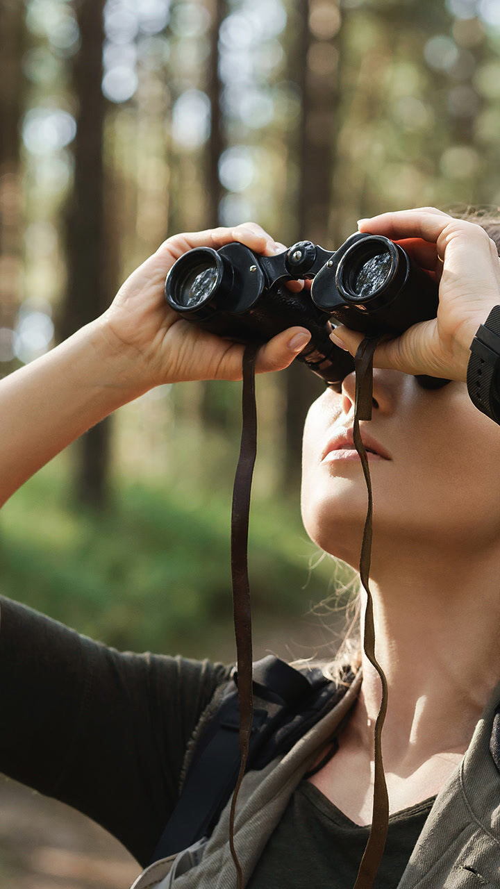 Junge Frau mit Fernglas im Wald.